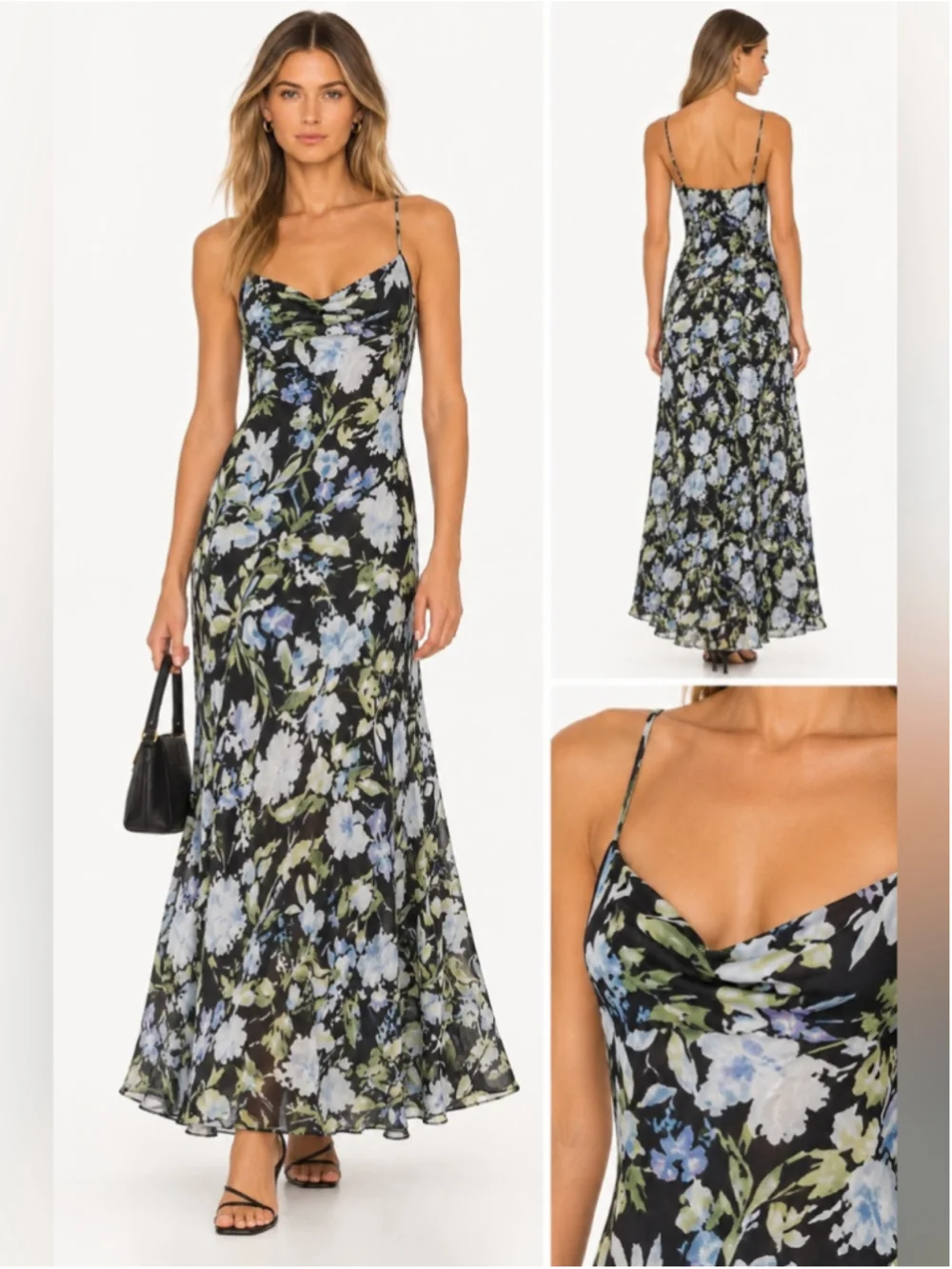 Abercrombie & Fitch Black Floral Slip Maxi Dress Size Large L Cowl Neck